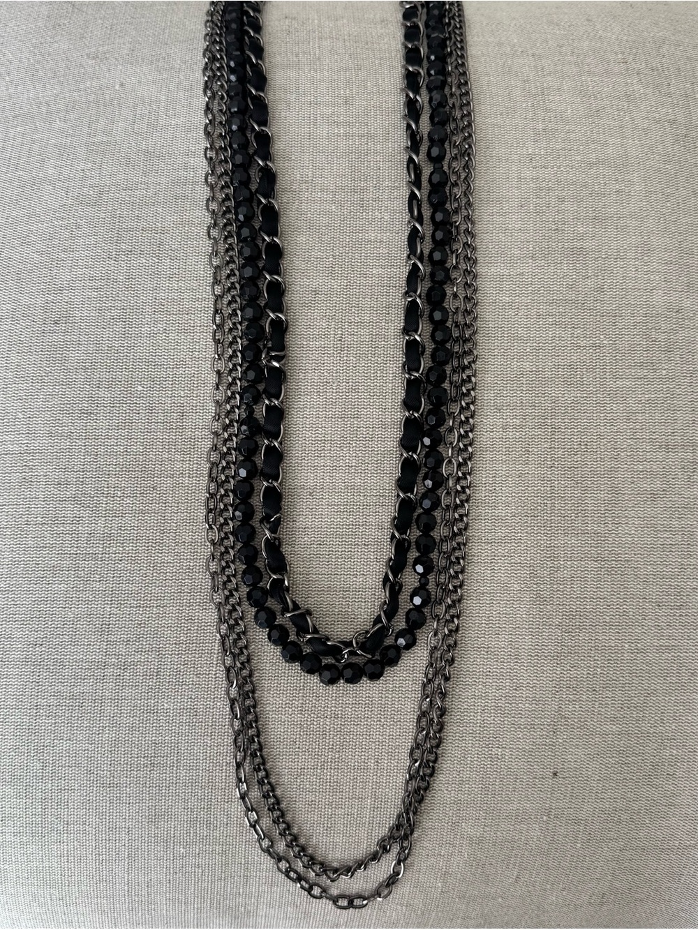 Black Gunmetal Multi Strand Beaded Chain Statement Necklace